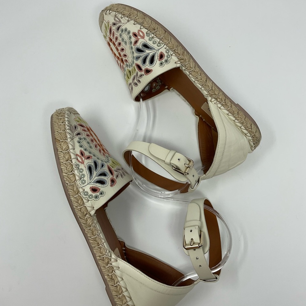 Valentino Cream Leather Floral Embroidered Ankle Strap Espadrille Flats - Picture 10 of 13